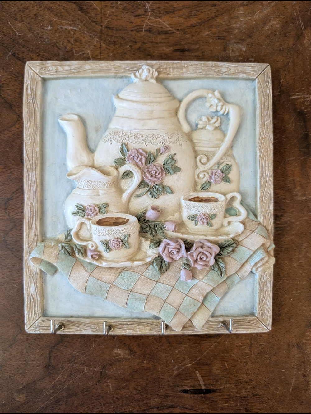 Vintage Shabby Chic Teapot 3D Relief Wall Plaque & Key Rack – Cottagecore Floral